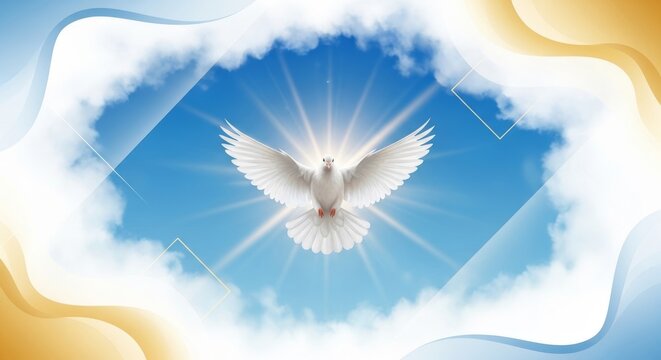 A white dove with spread wings soars in a bright blue sky with clouds, a radiant sunburst behind it, framed by soft, wavy golden and blue elements.