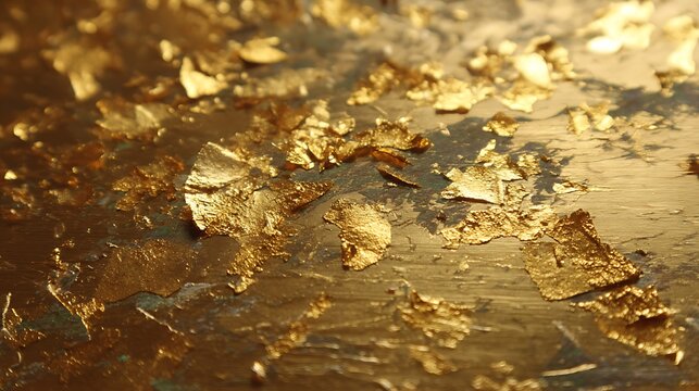 Abstract macro close up shot of gold leaf flakes on a dark textured surface.