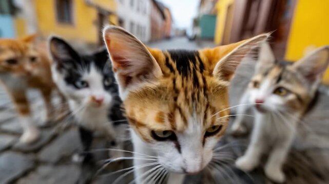 A Close-Up Glimpse of Curious Kittens Exploring Their Colorful Neighborhood, Capturing Their Playful Energy and Unique Faces in an Adorable Setting