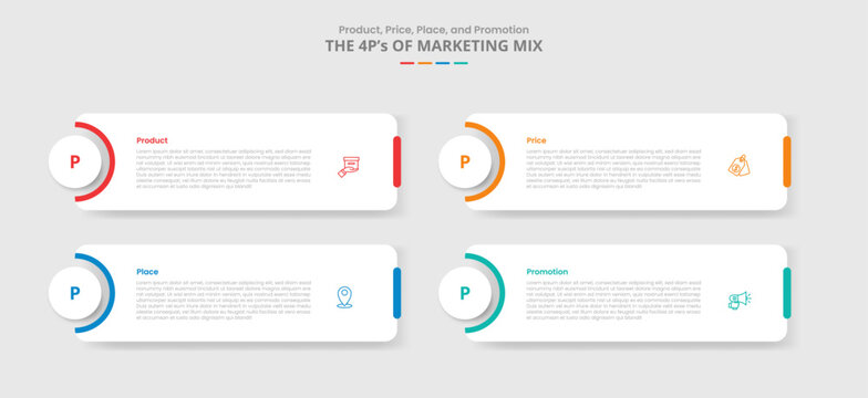 4P marketing mix for infographic with drop shadow style with round box and circle badge on left cutting shape with 4 point list information