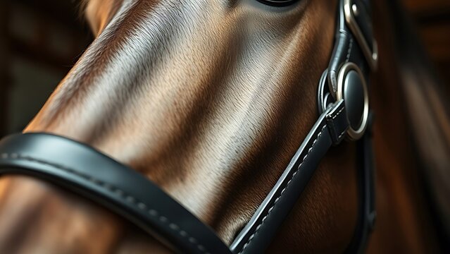 blinder. Extreme close-up view of a horse blinder, leather texture. wildlife magazines, conservation campaigns, designed for eco-tourism storytelling, used by graphic designers.