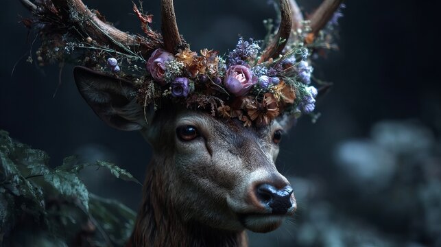 Majestic deer with large antlers adorned by a beautiful crown of dried wild flowers blooming