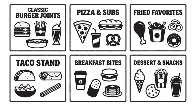 Fast Food Restaurant Menu Category Icon Set with Burger Pizza and Tacos