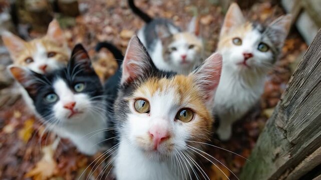 Curious Cats Gather: A Charming Group of Playful Kittens with Colorful Fur Exploring Their Environment in the Fall Leaves