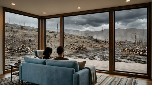 Couple sitting on a sofa in a modern living room looking out at a devastated deforested landscape, concept of environmental crisis and habitat loss