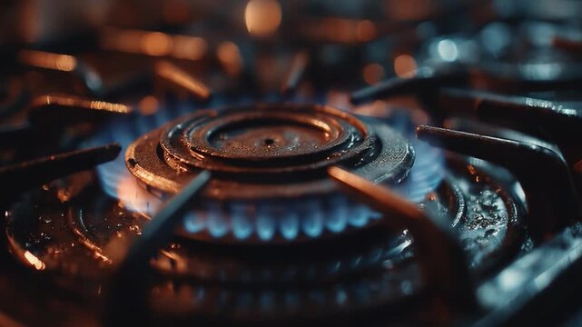 Close-Up View of a Gas Stove Flame with Dynamic Blue and Orange Flames Highlighting the Heat-Transmitting Surface, Demonstrating Cooking Intensity and Energy
