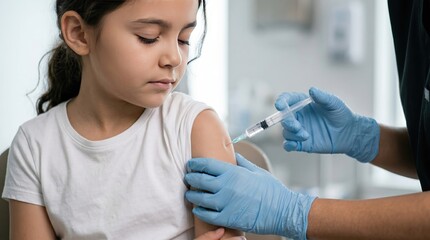 Fototapeta premium Pediatric nurse administering vaccine injection to young child girl in clinic for medical immunization and disease prevention