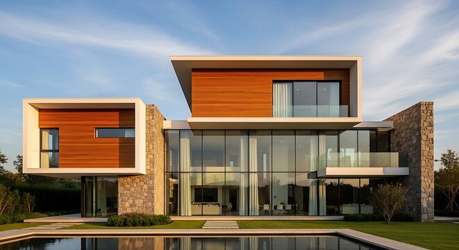 Modern twostory house with pool and glass facade exterior design