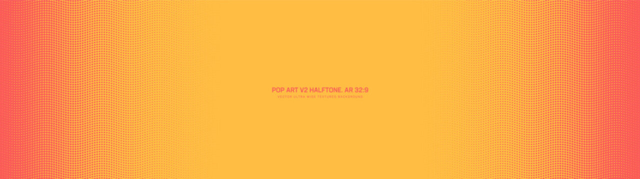 Wide panoramic vector abstract background in ultra wide 32:9 aspect ratio yellow red pop art halftone dots soft borders frame. Psychedelic ultrawide design for banners, posters, UI, widescreen layouts