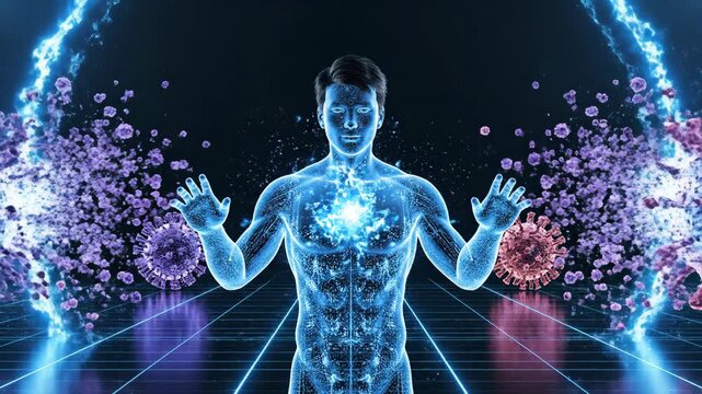 Human figure with glowing blue energy field interacts with floating virus particles in a digital environment, showcasing a dynamic visual representation of health and immunity