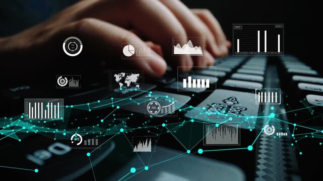 Hands typing on a keyboard set against an array of dynamic data visualizations, representing the intersection of technology, innovation, and analytics in a digital workspace. Xenic