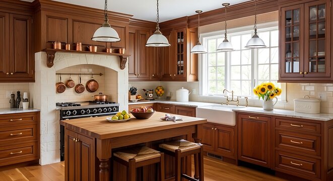 A kitchen with wooden cabinets and a large island in the center with stools