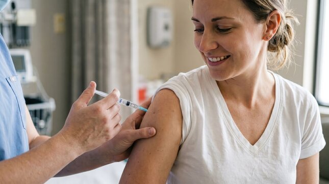Healthcare worker nurse giving vaccine injection to adult woman patient in clinic for medical immunization and prevention