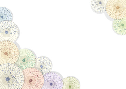 Soft, pastel-colored Japanese umbrellas adorned with traditional patterns overlap.
