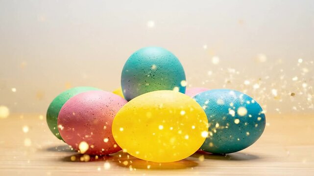 Colorful Easter eggs sparkle on wooden table with bokeh lights