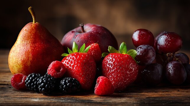 Fresh assorted red fruits including strawberries and pears arranged beautifully on a rustic wooden table