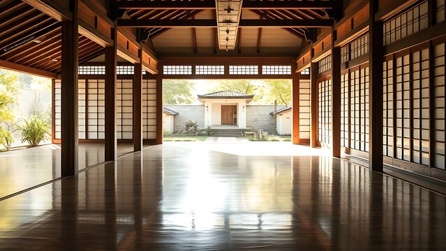 engawa. Traditional Japanese wooden veranda reflecting soft morning light. real-estate listings, architecture portfolios, designed for interior renovation comparisons for interiors.