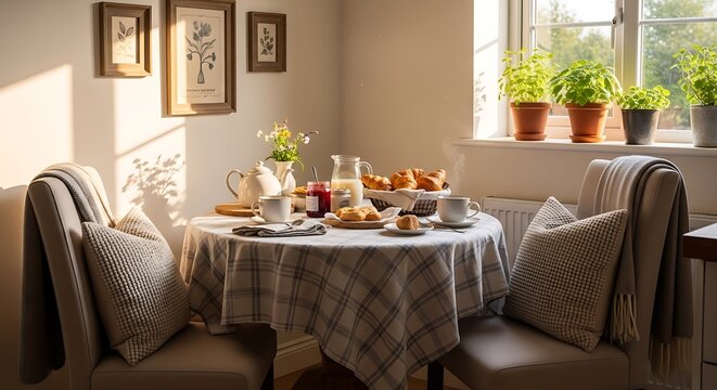 Cozy breakfast table with food and drinks in a sunny dining room interior