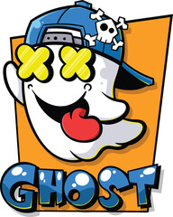 Fototapeta premium Cool Ghost Mascot Wearing Blue Baseball Cap with Skull Logo Streetwear Vector Illustration