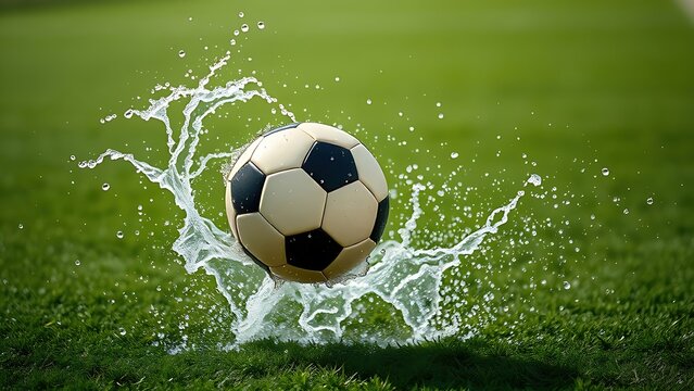 midseason. A soccer ball in motion with water droplets on a green field. event key visuals, club posters, designed for sports event promotions and stadium branding, drives event promotion.