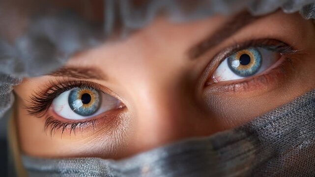 Close-Up of Captivating Eyes Behind Surgical Mask, Showcasing Intricate Details and Expressive Features That Convey Emotion and Professionalism in a Clinical Environment