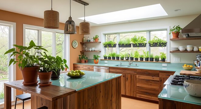 Modern kitchen with green countertops and plants on the counters and shelves around