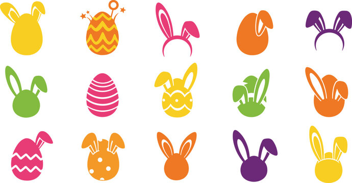 Easter Bunny Vector Set with Rabbit Ears Decorative Eggs Spring Holiday and Cute Icons
