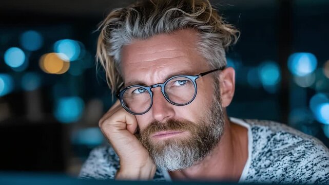 Contemplative Focus: A Close-Up Portrait of a Thoughtful Man with Glasses, Capturing the Intensity of His Expression Amidst a Blurred Evening Background