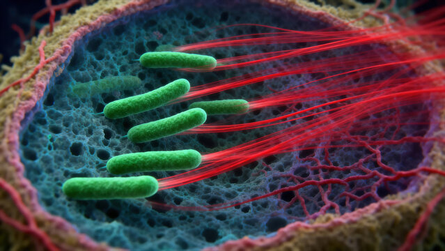 The movement of Listeria monocytogenes within the host cell. These rod-shaped bacteria are aggregating actin from the host cell, forming long "comet tails" that propel them through the cytoplasm.