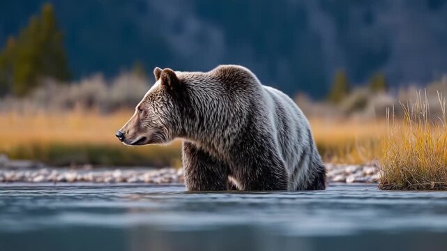 A Majestic Grizzly Bear in Tranquil Waters: Captivating Close-Up Views of Nature's Powerful Predator in its Natural Habitat