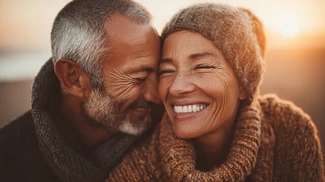 A Heartwarming Moment Between Two Loving Partners, Radiating Joy and Affection as They Share Laughter and Intimacy in a Beautiful Sunset Setting