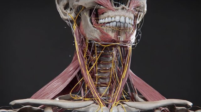 Detailed Anatomical View of the Human Neck's Musculature and Nerves, Showcasing the Complex Interconnection of Muscles, Blood Vessels, and Nervous System