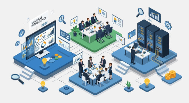 Business meeting and data analysis isometric illustration.