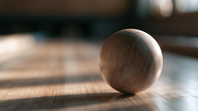 Close-up of a wooden ball on a wooden surface. the ball is round and appears to be made of a light-colored wood, with a smooth texture.