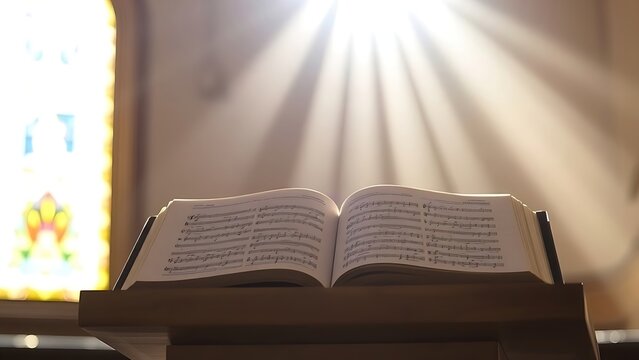 hymnal. A sunbeam through a stained glass window illuminates the open pages of a hymnal on a lectern. event programs, museum guides, designed for cultural heritage projects and event programs.