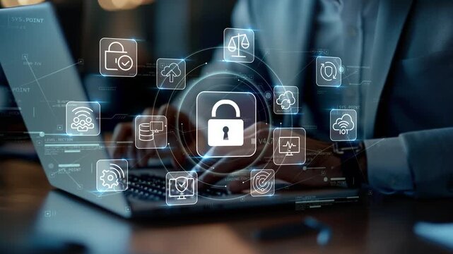 Professional businessman in modern office using laptop with glowing security lock and cloud icons, representing cybersecurity, connected business systems and data protection