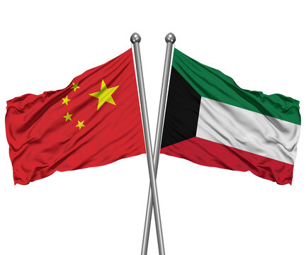 China and Kuwait Crossed Desk Flags &ndash; Bilateral Relations 3D Render