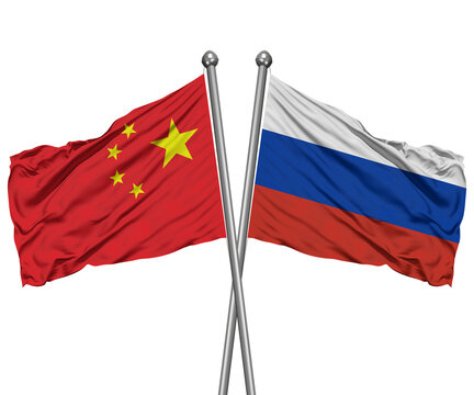 China and Russia Crossed Desk Flags &ndash; Strategic Alliance 3D Render