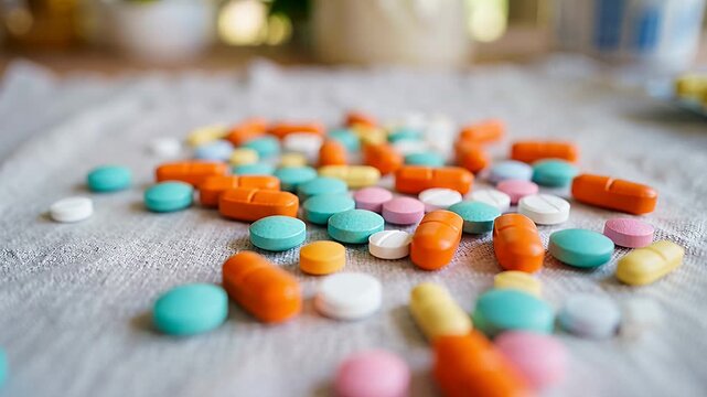 pills and capsules scattered on a white surface, colorful medicine tablets