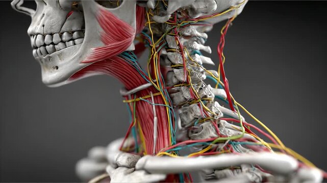 Detailed Anatomy Visualization of the Human Neck Featuring Muscles, Skeleton, and Nerve Connections in High Resolution