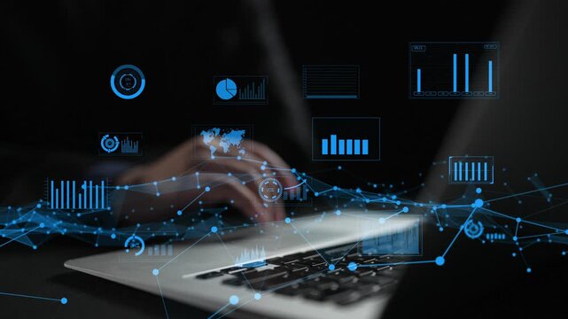 A person types on a laptop surrounded by digital charts and graphs, representing data analysis and visualization. The dark background enhances the modern technology theme. Xenic