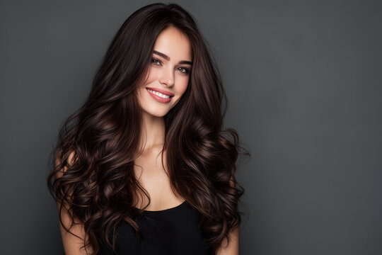 Smiling woman with long wavy hair on gray background