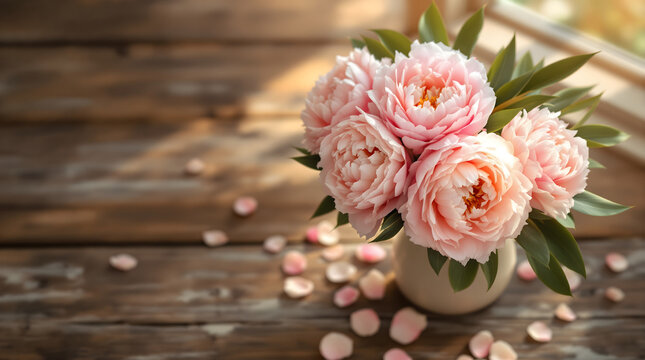 A vase of pink peonies sit on a rustic wooden table, with scattered petals