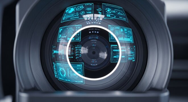 Close-up of a camera lens with blue digital display