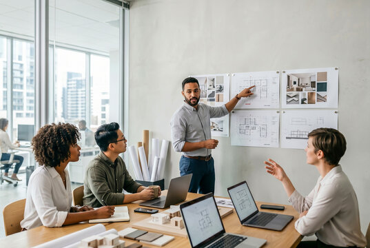 Diverse architectural team discussing building plans during a presentation in a bright, minimalist studio with copy space.