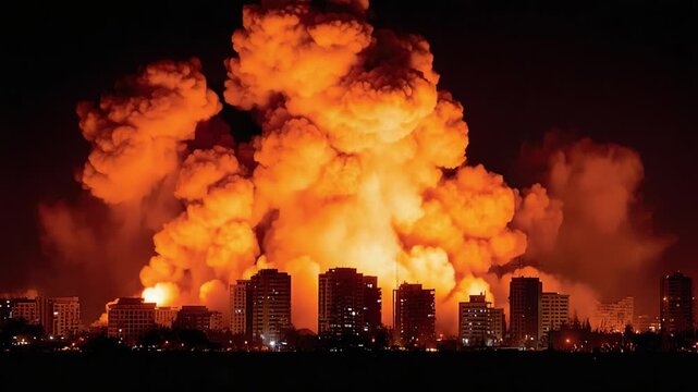 Dramatic Urban Explosion Captured in Two Frames, Featuring Fiery Eruptions Illuminating City Skyline Against Night Sky in Fiery Orange and Red Hues