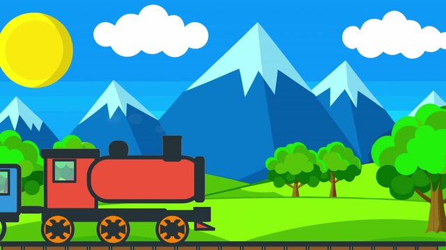 Red steam locomotive pulling blue passenger carriage travels on railway tracks through green hills with trees and snow-capped mountains under sunny blue sky with clouds.
