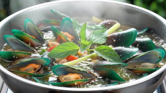 Steaming Pot of Fresh Mussels Cooking with Herbs and Spices.