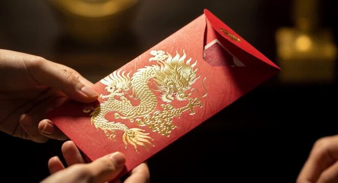 Hands exchanging a red envelope with a gold dragon in a warm cinematic close-up for lunar new year.