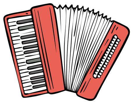 Vibrant red accordion musical instrument featuring keyboard bellows and bass buttons in a cheerful cartoon illustration